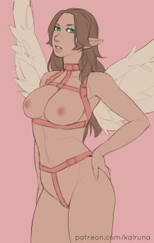 1girl angel_wings brown_hair green_eyes kalruna nude original pointy_ears solo wings