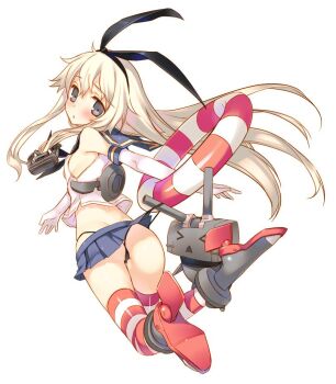 &gt;_&lt; 1girl anchor ass black_eyes black_panties blonde_hair blush boots breasts closed_eyes commentary_request elbow_gloves full_body gloves hair_ornament hairband innertube kantai_collection long_hair looking_at_viewer looking_back midriff panties rensouhou-chan shimakaze_(kancolle) simple_background skirt small_breasts solo striped_clothes striped_thighhighs swim_ring tatami_to_hinoki thighhighs thong triangle_mouth underwear white_background white_gloves