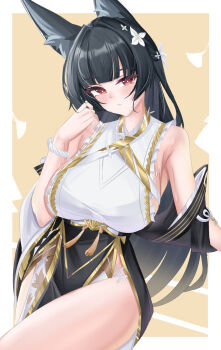 1girl absurdres animal_ear_fluff animal_ears bare_shoulders black_dress black_hair blush breasts brown_background commentary_request cowboy_shot dress falling_leaves flower fox_ears fox_girl hair_flower hair_ornament hand_up highres hoshimi_miyabi hoshimi_miyabi_(dignified_blossom) japanese_clothes kuro_(blackpgmickey) large_breasts leaf long_hair looking_at_viewer official_alternate_costume paid_reward_available parted_lips red_eyes sideboob solo sweat two-tone_dress white_dress white_flower zenless_zone_zero