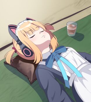 Rule 34 | 1girl, absurdres, animal ear headphones, animal ears, apron, black dress, blonde hair, blue archive, blue bow, blue bowtie, blush, bow, bowtie, cat ear headphones, cat ears, closed eyes, closed mouth, collared dress, commentary request, cup, dress, fake animal ears, headphones, highres, long sleeves, lying, maid, maid headdress, manatsu no yo no inmu, momoi (blue archive), momoi (maid) (blue archive), on back, oninohito, parody, short hair, sleeping, smile, solo, upper body, white apron