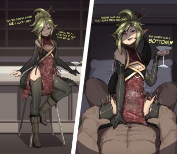 1boy 1girl absurdres ahoge assertive_female balloon_womb bar_stool bare_shoulders biting_own_lip black_dress black_gloves black_thighhighs boots breasts brown_footwear brown_thighhighs china_dress chinese_clothes cleavage cleavage_cutout clothed_female_nude_male clothing_cutout cocktail_glass completely_nude cowgirl_position cross-section cum cum_in_pussy cup dress drinking_glass ejaculation elbow_gloves english_text eyebrows facing_viewer fang femdom full_body girl_on_top gloves glowing glowing_eyes green_hair grin groin hair_ornament hair_stick half-closed_eyes heart hetero highres holding holding_cup instant_loss internal_cumshot knee_boots kyva_yamaito_(shuuko) large_penis leg_grab licking_lips looking_at_viewer martini medium_hair motion_lines multiple_views naughty_face nude open_mouth penis pillow pink_eyes pmc_promiscuity pointy_ears pov pov_crotch pov_hands red_dress red_eyes saliva sequential sex shiny_clothes shuuko_(s_h_uuko) single_bare_shoulder small_breasts smile snake_tail spread_legs standing stool straddling tail teeth thighhighs tongue tongue_out trembling upper_teeth_only vaginal veins veiny_penis x-ray