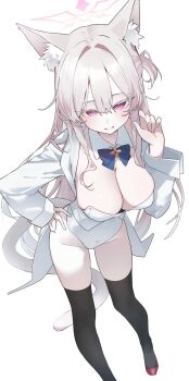 1girl akira_(blue_archive) alternate_costume animal_ear_fluff animal_ears blue_archive blue_bow blue_bowtie blush bow bowtie breasts cat_ears cat_girl cat_tail cleavage coat colored_eyelashes commentary_request commission detached_collar from_above hair_between_eyes hair_intakes halo hand_on_own_hip hand_up harenchi highres large_breasts leotard long_hair long_sleeves looking_at_viewer nontraditional_playboy_bunny one_side_up red_eyes simple_background skeb_commission smile solo standing strapless strapless_leotard tail tailcoat thighhighs thighs white_background white_coat white_eyelashes white_hair white_halo white_thighhighs