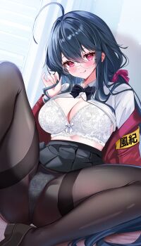 1girl ahoge armband azur_lane black_bow black_bowtie black_skirt blush bow bowtie bra breasts button_gap cleavage clothes_lift desk highres huge_ahoge jacket katsushika_pachi large_breasts long_hair looking_at_viewer official_alternate_costume on_desk panties panties_under_pantyhose pantyhose red_eyes red_jacket round_eyewear shirt shirt_lift shirt_tucked_in sitting skirt smile solo spread_legs taihou_(azur_lane) taihou_(sweet_time_after_school)_(azur_lane) thighband_pantyhose underwear white_bra white_panties white_shirt window_blinds yellow_armband