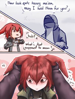 absurdres angry arknights averting_eyes black_jacket blush crownslayer_(arknights) doctor_(arknights) english_text explosive grenade highres holding holding_ears holding_grenade jacket red_eyes red_hair xanion0205