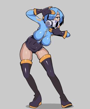 1girl black_eyes blu_pyro_(tf2) blue_boots blue_gloves blue_hair blue_leotard boots bread_forbidden breasts commentary commission english_commentary full_body genderswap genderswap_(otf) gloves grey_background highres latex latex_leotard leotard long_sleeves mask medium_breasts pyro_(tf2) respirator shadow short_hair simple_background solo team_fortress_2 thigh_boots