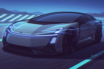 artist_name car commentary_request glowing gradient_sky grey_car kai55 light_trail motion_blur motor_vehicle mountainous_horizon night no_humans original product_placement purple_sky road shadow sky toyota toyota_corolla toyota_corolla_concept vehicle_focus