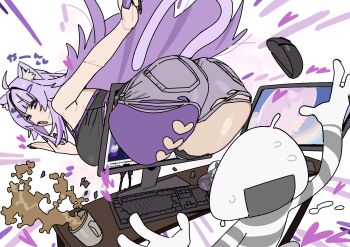 1girl :d ahoge animal_ear_fluff animal_ears ass asymmetrical_legwear bare_arms bare_shoulders black_shirt breast_mousepad breasts cat_ears cat_girl cat_tail commentary_request computer_keyboard computer_mouse cup desk hair_intakes half-closed_eyes heart highres hololive imamura_ryou large_breasts liquid long_hair looking_at_another looking_back monitor nekomata_okayu onigirya_(nekomata_okayu) open_mouth purple_eyes purple_hair purple_nails shirt sleeveless sleeveless_shirt smile straight_hair sweat tail thick_thighs thighs through_medium through_screen torn_clothes virtual_youtuber