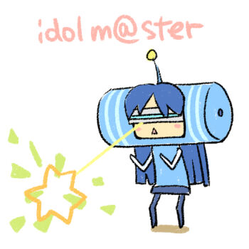 1girl blue_hair blush_stickers chan_co closed_eyes copyright_name energy_beam full_body head-mounted_display idolmaster idolmaster_(classic) katamari_damacy kisaragi_chihaya long_hair mecha_chihaya namco parody simple_background solo standing star_(symbol) white_background