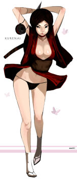 1girl black_eyes black_hair black_panties breasts choker cleavage copyright_name dcwj female_focus japanese_clothes kimono kodachi kunai kurenai_(red_ninja:_end_of_honor) large_breasts lips ninja no_bra obi open_clothes panties red_ninja:_end_of_honor sandals sash short_hair short_kimono short_sword simple_background socks solo string string_panties sword tabi underwear weapon white_background wind wind_lift