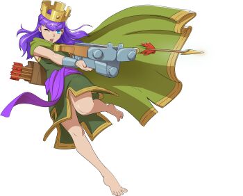1girl absurdres archer_queen_(clash_of_clans) arrow_(projectile) barefoot blue_eyes bow_(weapon) cape clash_of_clans crossbow crown dress full_body green_cape green_dress highres holding holding_crossbow holding_weapon long_hair non-web_source official_art one_eye_closed open_mouth purple_hair purple_sash quiver sash simple_background sleeveless sleeveless_dress solo transparent_background waist_sash weapon