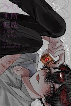 Rule 34 | 1boy, :p, @ @, black eyes, black hair, bottle, collared shirt, commentary, double-parted bangs, exposed fat, hair between eyes, head tilt, highres, holding, holding bottle, holding razor, hosikage4040, knees up, looking at viewer, male focus, neck ribbon, original, pill bottle, razor, ribbon, scar, scar on arm, self-harm, shirt, short hair, solo, tongue, tongue out, untranslatable commentary, white shirt, wrist cutting