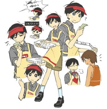 0_scyf 2boys ? @_@ apron banknote black_eyes black_hair black_shoes brown_hair brown_shorts chinese_text closed_eyes closed_mouth dark-skinned_male dark_skin dollar_bill grey_shirt highres kel_(faraway)_(omori) kel_(omori) looking_at_another male_focus money multiple_boys omori open_mouth shirt shoes short_hair short_sleeves shorts simple_background socks speech_bubble spoken_squiggle squiggle sunny_(gino's)_(omori) sunny_(omori) sweatdrop translation_request white_background white_socks yellow_apron