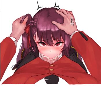 1boy 1girl black_necktie cum cum_in_mouth eonsang fellatio furrowed_brow girls'_frontline grabbing_another's_head hair_between_eyes hair_ribbon irrumatio long_hair necktie one_side_up oral pov purple_hair red_eyes red_ribbon red_vest ribbon shirt simple_background solo tearing_up tie_clip trembling variant_set vest wa2000_(girls'_frontline) white_background white_shirt