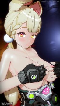 1girl 3d alice_thymefield animated aznyan07 blonde_hair blush bouncing_breasts breasts covering_breasts covering_privates dab_neko double_v embarrassed highres large_breasts long_hair nipples sound tagme toples topless_female twintails v video zenless_zone_zero
