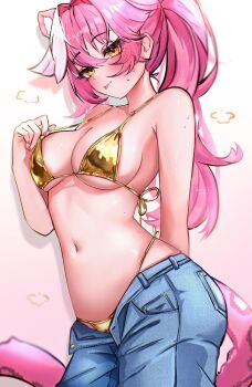 1girl absurdres animal_ears artist_name bare_shoulders bikini blue_pants blush breasts cleavage closed_mouth collarbone commentary denim english_commentary extra_ears fingernails gold_bikini gradient_background hair_between_eyes hair_intakes highres holding_strap hololive hololive_english ketari large_breasts long_hair multicolored_hair nail_polish navel open_fly panther_ears panther_girl panther_tail pants pink_background pink_hair pink_nails pink_tail raora_panthera revision smile solo stomach streaked_hair sweat swimsuit tail thighs tongue tongue_out two-tone_hair virtual_youtuber yellow_eyes