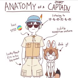 Rule 34 | 1boy, 1girl, :3, acesrulez, anatomy of a gamer (meme), animal ears, arrow (symbol), bare shoulders, blush, blush stickers, bow, breast pocket, brown hair, bucket hat, captain (kemono friends), closed mouth, cowboy shot, dhole (kemono friends), dog ears, dog girl, dog tail, english text, extra ears, gloves, hands in pockets, hat, height difference, highres, jacket, kemono friends, kemono friends 3, looking at viewer, meme, multicolored hair, pocket, safari jacket, sandstar, shirt, short hair, short sleeves, side-by-side, simple background, skirt, sleeveless, smile, standing, straight-on, sunglasses, tail, translated, two-tone hair, white background, white hair