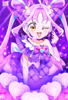Rule 34 | 1girl, ahoge, aqua hair, blue hair, bow, brooch, choker, collarbone, commentary request, cure kyunkyun, cure nico, dress, finger heart, gloves, hair ornament, half gloves, headset, heart, heart brooch, highres, idol heart incom, jewelry, kimi to idol precure, long hair, looking at viewer, magical girl, multicolored hair, off-shoulder dress, off shoulder, one eye closed, open mouth, orange eyes, precure, purple bow, purple choker, purple dress, purple gloves, purple hair, shigure kokoro, solo, streaked hair, thighhighs, twintails, two side up, zettai ryouiki