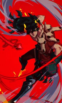 Rule 34 | 1boy, animal skull, arms up, barefoot, black hair, black pants, black sclera, closed mouth, colored extremities, colored sclera, commentary request, frown, full body, greco-roman clothes, green eyes, hades (series), hades 1, heterochromia, highres, looking at viewer, male focus, mismatched sclera, pants, red background, red eyes, red shirt, shirt, solo, spiked hair, tatsu (tatsumccree), wind, zagreus (hades)