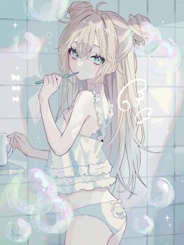 1girl animal_print aqua_eyes ass back-print_panties bear_panties bear_print blonde_hair bow bow_panties brushing_teeth bubble commentary_request cowboy_shot double_bun dual_persona hair_between_eyes hair_bun hand_up highres indoors long_bangs long_hair looking_at_viewer messy_hair morning nanamiya_ten original panties print_panties shadow shirt sleeveless sleeveless_shirt solo standing star-shaped_pupils star_(symbol) symbol-shaped_pupils tile_wall tiles toothbrush toothbrush_in_mouth underwear white_panties white_shirt