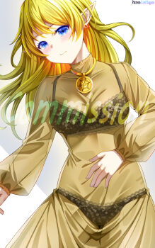 Rule 34 | absurdres, alternate breast size (smaller), black bra, black panties, blonde hair, blue eyes, bra, breasts, cleavage, commission, commissioner upload, elf, highres, jewelry, long hair, lori hagami, lotte farona, necklace, official art, panties, pointy ears, see-through clothes, see-through sleeves, small breasts, underwear, ways of darkness (series)