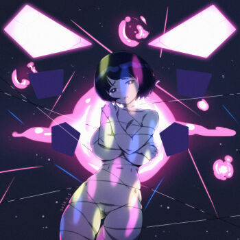 1girl black_hair breasts censored completely_nude covering_breasts covering_privates gquuuuuux gundam gundam_gquuuuuux highres large_breasts looking_at_viewer mosaic_censoring nude pussy qingmingtongzi restrained shiiko_sugai short_hair solo string tears