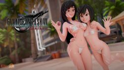 2girls 3d animated arm_around_shoulder arm_around_waist artist_name audible_music bare_legs barefoot between_fingers bikini black_hair blurry blurry_background breasts breasts_apart copyright_name feet feet_out_of_frame female_focus final_fantasy final_fantasy_vii final_fantasy_vii_remake grin highres holding kitrosun leg_up legs_together lips loli long_hair looking_at_another looking_at_viewer looping_animation materia medium_breasts micro_bikini multiple_girls navel outdoors palm_tree parted_lips red_eyes short_hair small_breasts smile sound standing standing_on_one_leg swimsuit teeth thighs tifa_lockhart toes tree uncensored video white_bikini wide_hips yuffie_kisaragi
