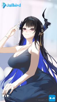 1girl absurdres alternate_costume asymmetrical_horns black_hair blue_hair bracelet breasts cleavage closed_mouth colored_inner_hair commentary dress english_commentary flower flower_knot fortissimo grey_dress hair_ornament hand_on_own_knee hand_up highres hololive hololive_english horn_flower horns jewelry large_breasts long_hair mole mole_under_eye multicolored_hair musical_note musical_note_hair_ornament nerissa_ravencroft purple_eyes sidelocks sitting sleeveless sleeveless_dress solo spaghetti_strap straight_hair tassel tassel_hair_ornament thekaiyip uneven_horns very_long_hair virtual_youtuber