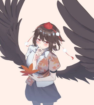 1girl black_skirt black_wings brown_hair feathered_wings hat highres kanaria_(bcomn) looking_at_viewer pointy_ears pom_pom_(clothes) print_shirt puffy_sleeves red_eyes red_hat shameimaru_aya shirt short_hair skirt solo tengu tokin_hat touhou white_shirt wings