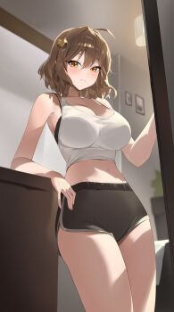 1girl absurdres ahoge anis_(nikke) arm_support bare_shoulders black_bra bllus bra breasts brown_eyes brown_hair cleavage goddess_of_victory:_nikke hair_between_eyes hair_ornament highres indoors large_breasts leaning_on_object looking_at_viewer midriff navel short_hair short_shorts shorts sleeveless solo tank_top underwear white_tank_top