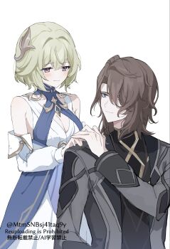 1boy 1girl bare_shoulders behind_another black_shirt blonde_hair blue_dress blue_eyes blush breasts brown_eyes brown_hair cleavage cleavage_cutout clothing_cutout coat collarbone couple detached_sleeves dress genshin_impact gold_trim grey_coat grey_sleeves hair_ornament hair_over_one_eye half-closed_eyes hand_on_another&#039;s_hand hand_on_another&#039;s_shoulder hand_up hetero highres lapels large_breasts layered_dress long_sleeves looking_at_another mtmsnbsj41taq9y open_clothes open_coat rerir_(genshin_impact) sakusan_(vofmkj08) shirt short_hair smile tholindis_(genshin_impact) twitter_username undershirt watermark white_background white_dress white_sleeves