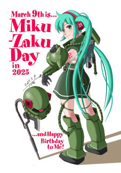 Rule 34 | 1girl, aqua eyes, aqua hair, arm tattoo, armor, armored boots, axe, birthday, black gloves, boots, cable, chutohampa, closed mouth, commentary request, cosplay, date pun, dated, english text, from behind, full body, gloves, green armor, green skirt, gundam, hatsune miku, headphones, heat hawk, helmet, highres, jetpack, long hair, looking at viewer, looking back, number pun, number tattoo, pauldrons, shadow, shoulder armor, signature, skirt, smile, solo, spiked pauldrons, spikes, standing, tattoo, twintails, unworn headwear, unworn helmet, vambraces, very long hair, vocaloid, white background, zaku ii, zaku ii (cosplay)