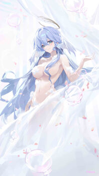 1girl absurdres bathing blue_hair breasts bubble commentary_request curtains green_eyes hair_between_eyes halo halo_behind_head head_wings highres honkai:_star_rail honkai_(series) jewel_under_eye large_breasts long_hair petals pmmg robin_(honkai:_star_rail) simple_background smile soap_bubbles very_long_hair white_wings wings