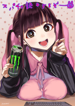 Rule 34 | 1girl, black eyes, black jacket, black mask, blunt bangs, breast rest, breasts, breasts on table, brown hair, can, commentary request, computer keyboard, highres, holding, holding can, jacket, jirai kei, large breasts, long hair, looking at viewer, mask, mask pull, monster energy, mouth mask, open clothes, open jacket, open mouth, original, pink shirt, shirt, smile, solo, teeth, tongue, translation request, twintails, yumeno tanuki