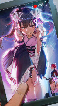 Rule 34 | 2boys, absurdres, animal ears, bis-soli, bracelet, cho kaguya-hime!, commentary request, crossdressing, crossdressing (mtf), detached sleeves, heart, highres, horns, japanese clothes, jewelry, komazawa noi, korean commentary, livestream, looking at viewer, male focus, mikado akira (cho kaguya-hime!), multicolored hair, multiple boys, smile, streaked hair, tail, twintails