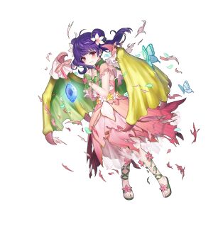 1girl clenched_teeth cross-laced_sandals dragon_girl dragon_wings dragonstone dress fire_emblem fire_emblem:_the_sacred_stones fire_emblem_heroes flower hair_flower hair_ornament highres myrrh_(fire_emblem) myrrh_(resplendent)_(fire_emblem) nintendo non-web_source official_alternate_costume official_art pink_dress purple_hair red_eyes sandals solo teeth torn_clothes torn_dress twintails wings