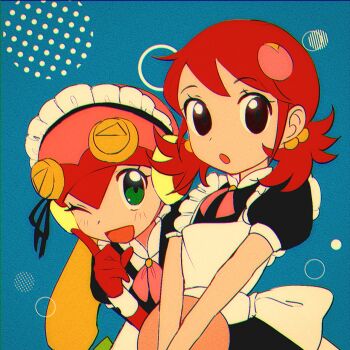 2girls black_dress blonde_hair blue_background brown_hair dress green_eyes helmet highres holding holding_tray long_hair maid maid_headdress mayl_sakurai_(mega_man) medium_hair mega_man_(series) mega_man_battle_network_(series) multiple_girls netnavi one_eye_closed pink_helmet red_hair roll.exe_(mega_man) simple_background tray upper_body yama_(toaru_puyopuyo)