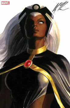 1girl alex_ross black_cape black_leotard black_tiara cape clothing_cutout comic_cover company_name cover cover_page dark-skinned_female dark_skin gem gold_trim leotard long_hair looking_at_viewer marvel no_pupils official_art one_eye_in_shadow realistic red_gem signature solo storm_(x-men) superhero_costume tiara upper_body western_comics_(style) white_background white_hair widow's_peak x-men