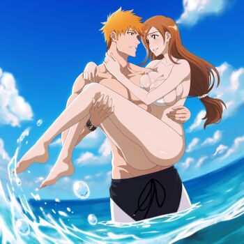 1boy 1girl bare_shoulders barefoot bikini bleach bleach:_epilogue blue_sky breasts brown_eyes brown_hair carrying carrying_person cloud collarbone commission hetero highres husband_and_wife inoue_orihime jewelry kurosaki_ichigo large_breasts long_hair looking_at_another male_focus ocean orange_hair ring rozuberry shiny_skin short_hair sky splashing swimsuit thighs toned toned_male topless_male water wedding_ring