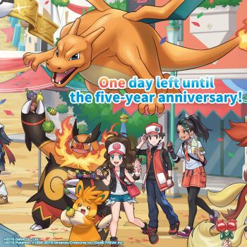 1boy 4girls :d akari_(pokemon) antenna_hair bag black_hair black_pantyhose black_vest boots brown_hair building charizard closed_mouth collared_shirt commentary confetti day delphox emboar english_commentary exposed_pocket food fruit gen_1_pokemon gen_5_pokemon gen_6_pokemon hand_on_headwear hat high_ponytail highres hilda_(pokemon) holding holding_spoon korrina_(pokemon) lamppost multicolored_hair multiple_girls necktie nemona_(pokemon) nintendo official_art open_mouth orange_necktie orange_shorts outdoors pants pantyhose pawmot pokemon pokemon_(creature) pokemon_bw pokemon_legends:_arceus pokemon_masters_ex pokemon_sv pokemon_xy ponytail red_(pokemon) shirt shoes shorts shoulder_bag sidelocks sleeveless sleeveless_shirt smile spoon standing two-tone_hair vest white_shirt