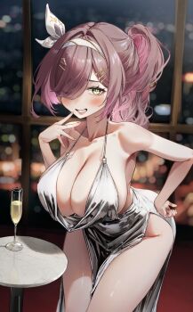 1girl absurdres alcohol bare_shoulders breasts brown_hair champagne champagne_flute cleavage collarbone cup dress drinking_glass green_eyes grin hair_ornament hair_over_one_eye hair_ribbon hairclip highres indie_virtual_youtuber junkichi_gbf large_breasts long_hair miori_celesta ponytail revealing_clothes ribbon second-party_source smile solo virtual_youtuber