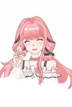 1girl ^_^ black_bow black_ribbon blunt_bangs bow bow_choker bowtie bra_strap character-themed_food chinese_commentary choker closed_eyes collarbone commentary_request cropped_torso eyelashes fanluoxingchen63912 food frilled_shirt frilled_sleeves frills hair_bow hair_ribbon hexagram highres holding holding_food infinity_nikki jewelry light_blush long_hair long_sidelocks long_sleeves low_twintails necklace nikki_(nikki) nikki_(series) off-shoulder_shirt off_shoulder open_mouth perfect_start_(infinity_nikki) pink_bow pink_bowtie pink_choker pink_hair puffy_long_sleeves puffy_sleeves ribbon shirt sidelocks simple_background single_stripe sleeves_past_wrists smile star_(symbol) star_necklace striped_bow striped_bowtie striped_choker striped_clothes tress_ribbon twintails very_long_hair white_background white_shirt