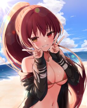 Rule 34 | 1girl, :d, absurdres, bare shoulders, beach, bikini, bikini under clothes, black jacket, blue sky, blush, breasts, brown eyes, cleavage, cloud, collarbone, day, double v, grin, heterochromia, highres, hololive, houshou marine, houshou marine (summer), ineka ka, jacket, jewelry, large breasts, long hair, long sleeves, looking at viewer, navel, necklace, ocean, off shoulder, open clothes, open jacket, open mouth, outdoors, parted lips, ponytail, red bikini, red eyes, red hair, sky, smile, solo, stomach, swimsuit, v, very long hair, virtual youtuber, water