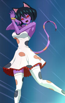 Rule 34 | 1girl, absurdres, animal ears, armpits, bell, bishoujo senshi sailor moon, black hair, cat ears, cat tail, clam curry, claws, colored skin, commentary request, dress, facial mark, fangs, frilled skirt, frills, highres, jingle bell, looking at viewer, monster girl, nekonneru, open mouth, purple skin, red eyes, short hair, skirt, slit pupils, solo, tail, thighhighs, whisker markings, white dress, white thighhighs