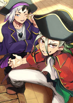 2boys absurdres asagiri_gen ascot black_hair black_hat blue_eyes boots brown_boots collarbone dr._stone facial_mark feathers from_above green_hair grin hair_between_eyes hat hat_feather highres ichihara_yuuto ishigami_senkuu jacket jewelry long_hair long_sleeves looking_at_viewer male_focus multicolored_hair multiple_boys necklace one_eye_closed open_mouth pants pirate pirate_hat red_eyes red_jacket shirt skeleton smile smirk teeth two-tone_hair white_hair white_pants white_shirt