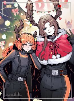 1boy 2girls :< antlers belt black_belt black_bodysuit black_gloves blue_eyes bodysuit brown_hair capelet christmas christmas_ornaments christmas_tree closed_eyes closed_mouth fur-trimmed_capelet fur_trim gloves highres hong_lu_(project_moon) horns ishmael_(project_moon) limbus_company long_hair multiple_girls nana_nana_bot one_eye_closed orange_hair parted_bangs project_moon purple_eyes r_corp._(identity)_(project_moon) red_capelet reindeer_antlers rodion_(project_moon) sidelocks smile very_long_hair