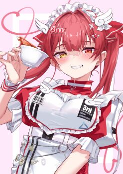1girl :d apron breasts cup gloves grin hair_between_eyes hair_ornament hair_ribbon heterochromia highres holding holding_cup hololive houshou_marine ilie_ilie jersey_maid large_breasts long_hair looking_at_viewer maid maid_apron maid_headdress official_alternate_costume open_mouth puffy_short_sleeves puffy_sleeves red_eyes red_hair red_ribbon ribbon short_sleeves simple_background smile solo twintails unconventional_maid upper_body virtual_youtuber white_apron white_gloves wing_hair_ornament wrist_cuffs yellow_eyes