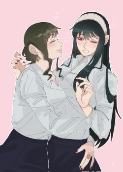 2girls black_hair blush breasts closed_eyes couple earrings hairband highres ilovemywifeyor jewelry long_hair long_sleeves mature_female melinda_desmond multiple_girls open_mouth shirt short_hair sidelocks smile spy_x_family yor_briar yuri