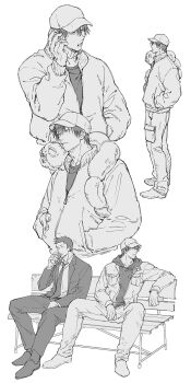 Rule 34 | 2boys, baseball cap, bench, cellphone, closed mouth, collared shirt, commentary request, flip phone, formal clothes, full body, fushiguro touji, greyscale, hand in pocket, hat, highres, higuruma hiromi, holding, holding phone, hood, hood down, hoodie, inventory curse (jujutsu kaisen), jacket, jacket over hoodie, jj59u, jujutsu kaisen, male focus, monochrome, multiple boys, multiple views, necktie, pants, partially unzipped, phone, shirt, shoes, simple background, sitting, suit, suit jacket, talking on phone, unzipped, white background
