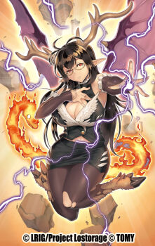 1girl antlers black-framed_eyewear black_hair black_pantyhose black_shirt black_skirt breasts cleavage closed_mouth copyright_notice deer_antlers demon_girl demon_wings furfur_(wixoss) glasses hand_on_own_chest horns ishibashi_yosuke large_breasts long_hair looking_at_viewer official_art pantyhose pointy_ears red_eyes shirt sidelocks skirt solo torn_clothes torn_pantyhose torn_skirt wings wixoss