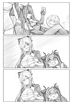 2girls bare_shoulders black_bodysuit black_choker black_jacket blush bodysuit breasts bubble caught cellphone character_doll choker cinderella_(beautiful_me)_(nikke) cinderella_(nikke) cleavage commander_(nikke) commentary doll dongtan_dress dress eyewear_hang female_masturbation gloves goddess_of_victory:_nikke hair_intakes hair_over_one_eye halterneck heart heart_necklace heavy_breathing highres holding holding_phone implied_fingering implied_masturbation jacket jacket_on_shoulders jewelry large_breasts little_mermaid_(nikke) long_hair looking_at_phone masturbation meme multiple_girls necklace necklace_between_breasts official_alternate_costume open_mouth phone ribbon-trimmed_sweater scared see-through_cleavage see-through_clothes shingeki_no_kyojin simple_background smartphone smile staring taut_clothes taut_dress twintails untranslatable_commentary unworn_eyewear very_long_hair white_background yelena_face_(meme) yougenko